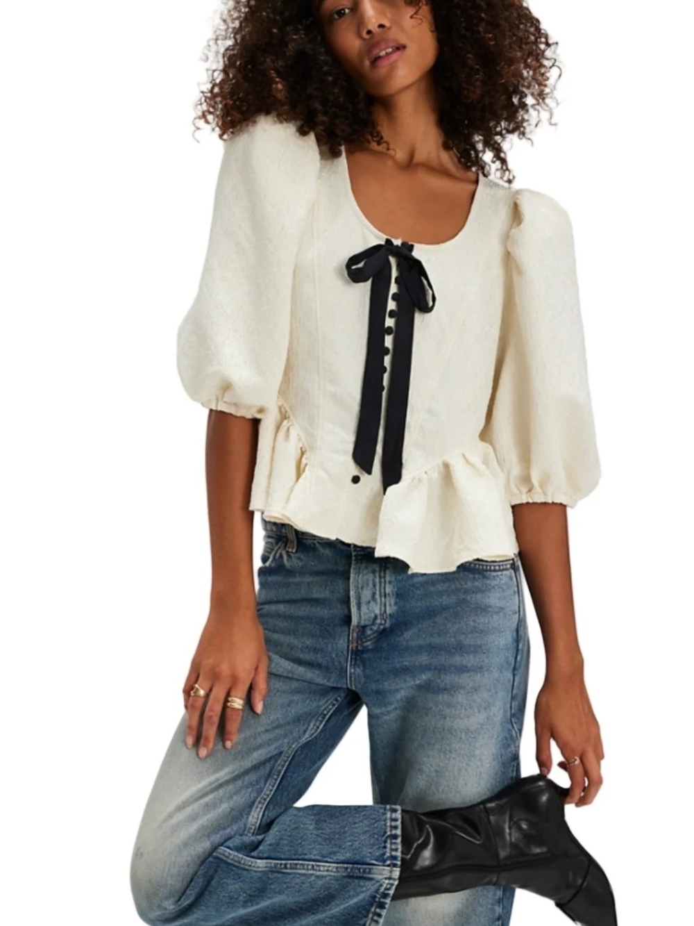 Free People Ivory Puff-Sleeve Peplum Top with Black Ribbon